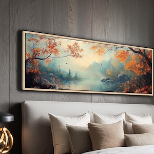 Framed Autumn Lake Canvas Art: Misty Mountain Landscape Oil Painting
