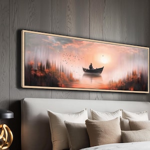 Framed Sunset Lake Canvas Art: Tranquil Boat Oil Painting