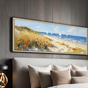 Framed Seaside Oil Painting: Beach Landscape with Sailboats
