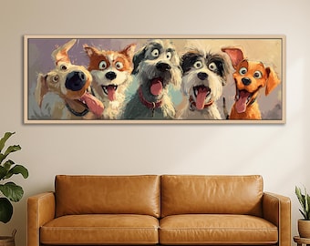 Funny Dogs Wall Art, Cartoon Style Dog Portraits, Colorful Canvas Print, Horizontal