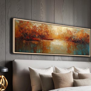 Serene Autumn Lake Panoramic Canvas: Framed Landscape Wall Art for Living Room & Bedroom Decor
