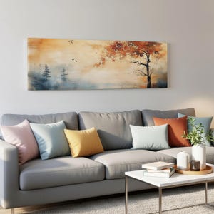 Minimalist Autumn Landscape Canvas | Framed Abstract Tree Wall Art for Living Room Decor, Scandinavian, Wabi Sabi, Neutral, Panoramic