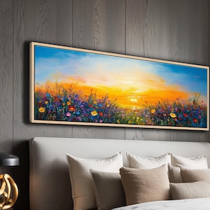 Colorful Wildflower Sunrise Canvas Art, Framed Panoramic Floral Landscape Painting, Textured Meadow Wall Decor
