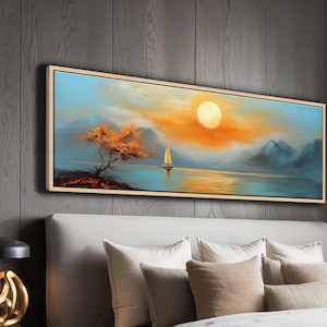 Mountain Lake Sunset Framed Canvas Art: Sailboat Oil Painting