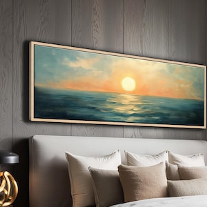 Panoramic Framed Ocean Sunset Canvas: Coastal Seascape Painting for Modern Home Decor