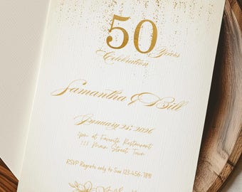 May include: A cream-colored invitation card and matching envelope featuring gold foil text that reads 50 Years Celebration, Samantha & Bill, January 24, 2026, and RSVP details, accented with a gold floral graphic at the bottom and gold glitter at the top.