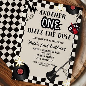 May include: A rock and roll themed birthday invitation with the text "ANOTHER ONE BITES THE DUST". The invitation features a black and white checkered pattern, a guitar, and a record. The invitation is for Milo's first birthday.