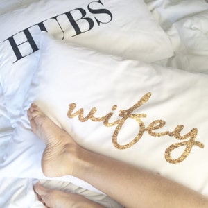 Wedding Gift Couples Pillow Cases HUBS wifey Pillowcases Mr and Mrs Wedding Gift His and Hers Pillows Couples Pillowcases image 2