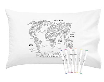 World Map Color Me Coloring Standard Size Pillowcase ( 20 by 30 Inches) with Permanent Fabric Markers INCLUDED Doodle Pillowcase