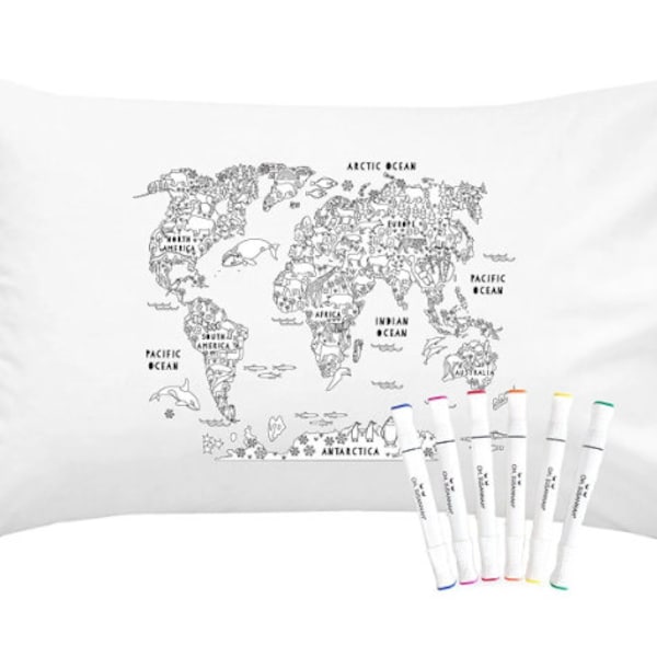 World Map Color Me Coloring Standard Size Pillowcase ( 20 by 30 Inches) with Permanent Fabric Markers INCLUDED Doodle Pillowcase