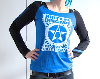 Riot Brigade Raglan Longsleeve Shirt - black & blue - anarcho Punk AF Recharged