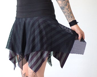 Fishnet & Stripes Pixie Skirt - goth purple grey striped circle with black