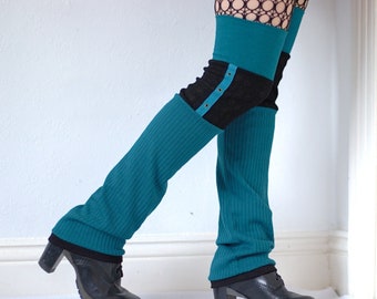 Leg Warmers "Teal Eyelets" - turquoise black goth punk thigh high over the knee