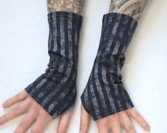 Striped Arm Warmers - grey black fingerless gloves grunge stripes goth punk