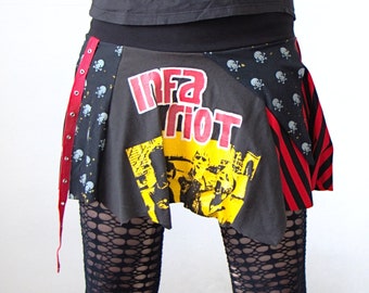 Infa Riot Circle Skirt - black, red & yellow, skulls, stripes - Punk AF Recharged