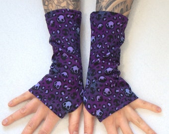 Purple Skull Leopard Arm Warmers - organic fingerless gloves black violet goth punk