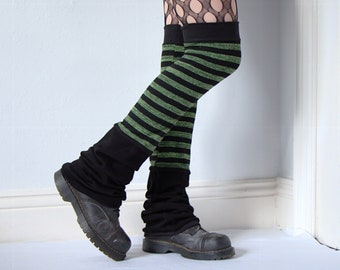 Flared Leg Warmers Green Stripes - black striped goth punk thigh high over the knee