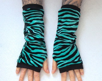 Turquoise Zebra Arm Warmers - fingerless gloves velvety black teal goth punk