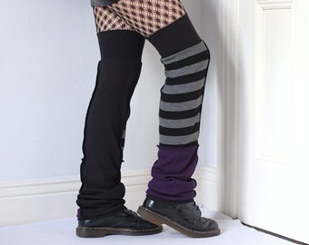 Stripes & Rib Leg Warmers - patchwork black purple grey goth punk thigh-high over-the-knee
