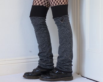 Grey Leopard Leg Warmers - black knit goth punk thigh-high over-the-knee