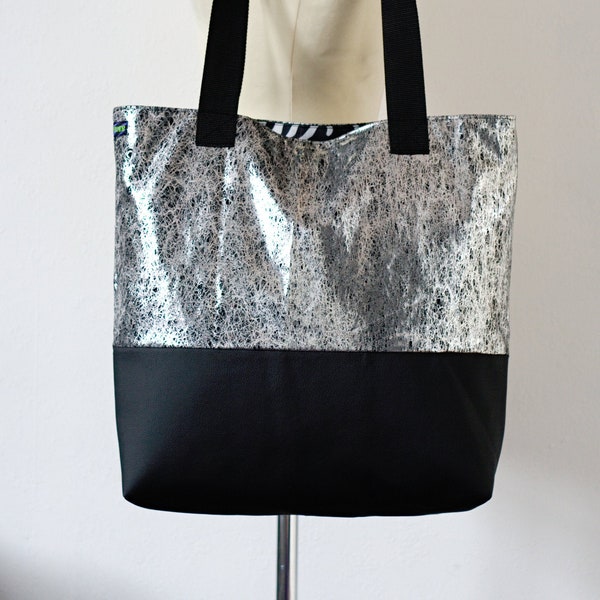 Shoulder Bag - Liquid Silver - black & white zebra lined tote with inner zip pocket