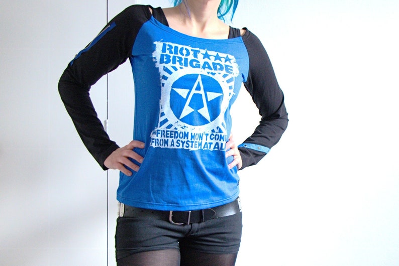 Riot Brigade Raglan Longsleeve Shirt black & blue anarcho Punk AF Recharged image 1