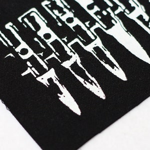 Bullet Belt long back patch white on black organic screen print silver or gold punk DIY white on black