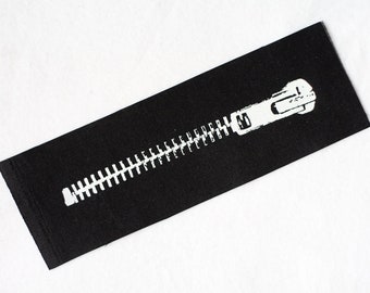 Large Zipper Back Patch - punk DIY goth white on black organic screen print