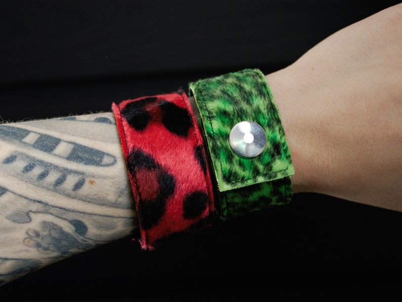 Fake Fur Cuff zebra or leopard pattern punk wristband cheetah leopard red