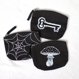 Goth Coin Purse - Spiderweb, Mushroom or Key - witchy black organic canvas pouch small