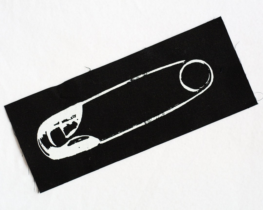 Large Safety Pin Back Patch Punk DIY Goth White on Black Organic Screen