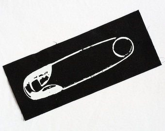 Large Safety Pin Back Patch - punk DIY goth white on black organic screen print