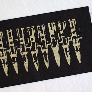 Bullet Belt long back patch white on black organic screen print silver or gold punk DIY gold on black