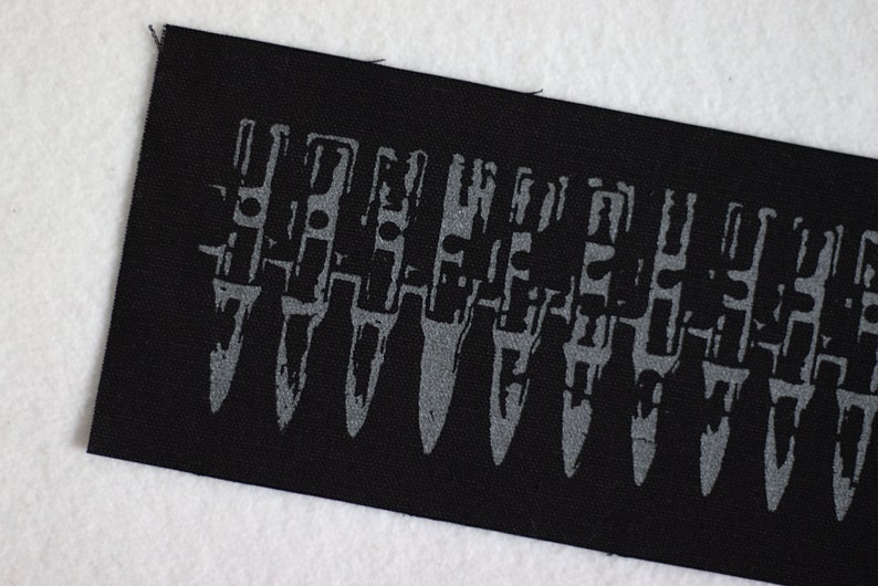 Bullet Belt long back patch white on black organic screen print silver or gold punk DIY black on black