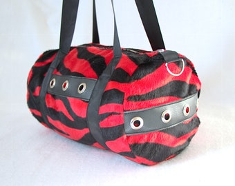 Red Zebra Faux Fur Purse - black duffle bag punk goth handbag