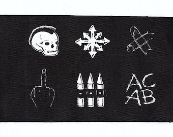 6 Mini Patches Set Punk - white on black organic canvas screen print DIY