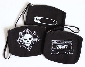 Zipper Pouch - Safety Pin, Mixtape or Chaos Skull - punk black organic canvas bag goth