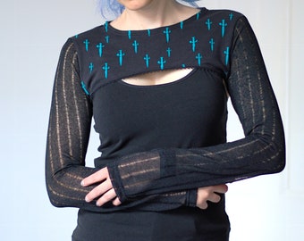 Gothic Shrug Daggers and Mesh - black and turquoise sheer long sleeves bolero handmade goth fashion