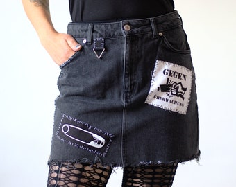 Black Denim "Safety Pin" Mini Skirt - punk DIY handstitched patches zippers