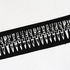 Bullet Belt long back patch - white on black organic screen print + silver, gold or gunmetal punk DIY