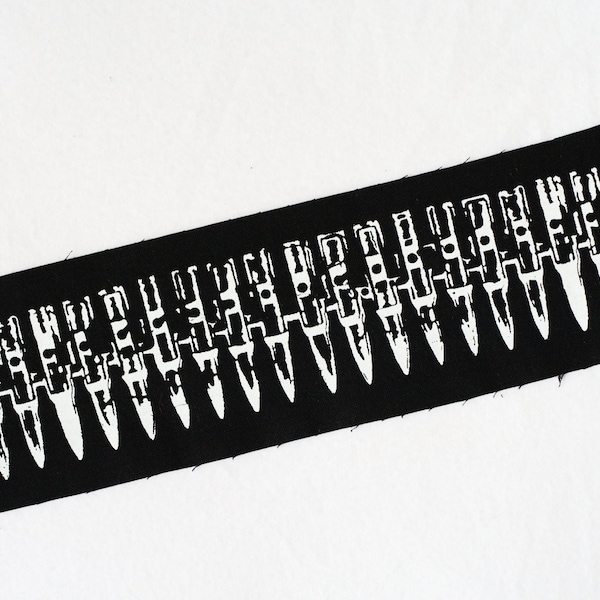 Bullet Belt long back patch - white on black organic screen print silver or gold punk DIY