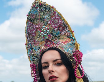 Gold, Pink and Blue 'Caltha' Beaded Crystal Embroidered Couture Headdress