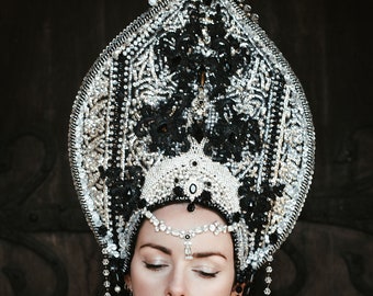 Black and Silver Crystal 'Aderyn' Large Statement Opulent Beaded Headdress