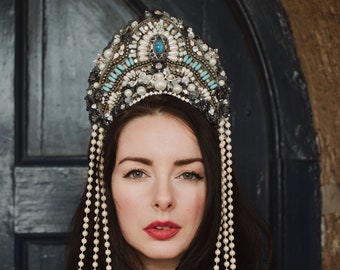 Blue, Black and Pearl 'Nerissa' Beaded Couture Headdress