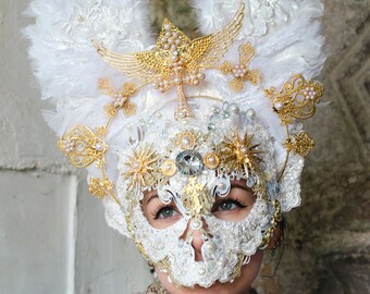 White & Gold Lace "Wings of Gabriel" Mask Headdress Couture Angel