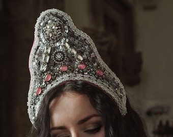 Dusky Rose Pink and Silver 'Eliza' Beaded Crystal Silk Crown Headdress