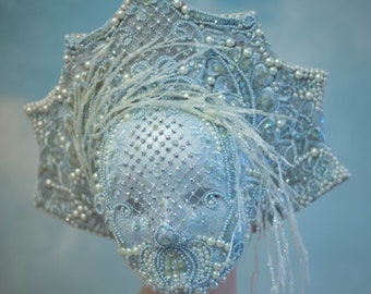 Pale Blue & Silver Beaded ‘The Death of Autumn’ Headdress Mask - Death Mask Series
