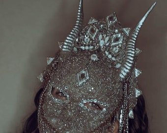 Grey Beaded Crystal Chain 'Erembour' Couture Fantasy Horned Mask