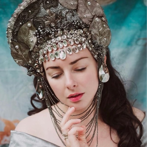 Antique Silver and Gunmetal Grey Beaded ‘Alexandra’ Pearl Crystal Statement Bridal Crown Couture Headdress