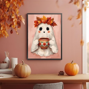 Cozy Halloween Ghost Print: Talavera Mug, Fall Leaf Crown, Mexican Kitchen Decor (Digital PDF)